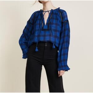 Free People Honey Grove Plaid Top Blue Black Peasant Blouse Shirt